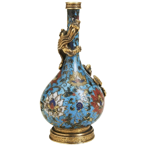 302 - A FINE AND RARE CLOISONNE ENAMEL 'LOTUS' BOTTLE VASEINCISED JINGTAI SIX CHARACTER MARK, MID MING DYN... 