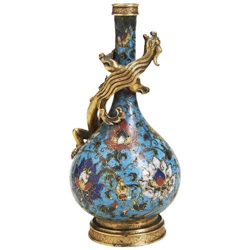 302 - A FINE AND RARE CLOISONNE ENAMEL 'LOTUS' BOTTLE VASEINCISED JINGTAI SIX CHARACTER MARK, MID MING DYN... 