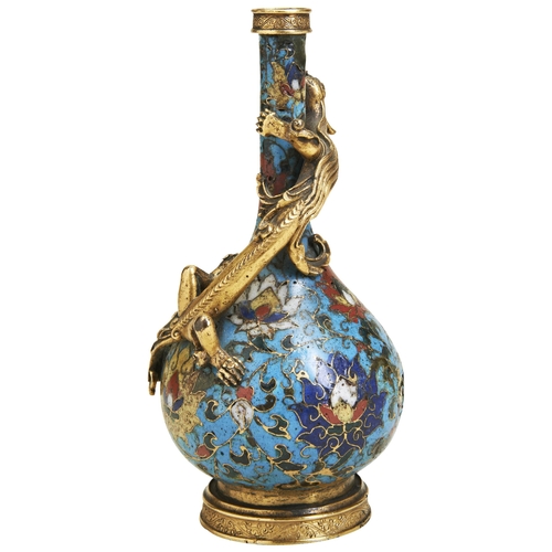 302 - A FINE AND RARE CLOISONNE ENAMEL 'LOTUS' BOTTLE VASEINCISED JINGTAI SIX CHARACTER MARK, MID MING DYN... 