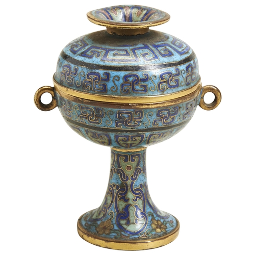 301 - A SMALL CLOISONNE ENAMEL RITUAL STEM BOWL AND COVER, DOUQIANLONG PERIOD (1736-1795)清 掐丝珐琅豆of archais... 