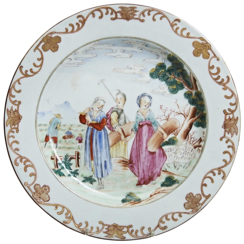 166 - A FAMILLE ROSE 'EUROPEAN-SUBJECT' DISHQIANLONG PERIOD (1736-1795)painted with a figural harvest scen... 