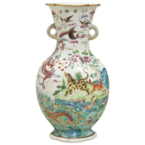 169 - A GOOD FAMILLE ROSE 'ANIMALS & MYTHICAL BEASTS' VASEQING DYNASTY, 19TH CENTURY清 十九世纪 粉彩 ’风云际会’ 图... 