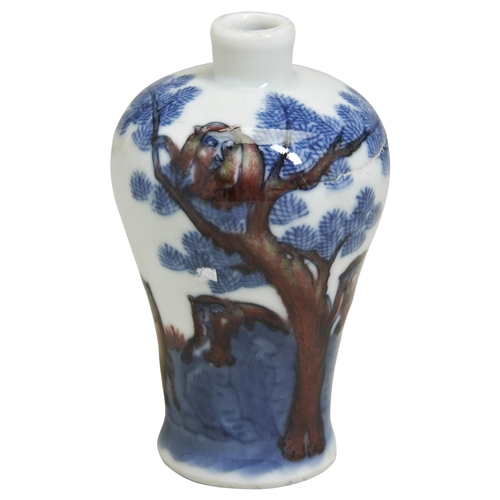 173 - A SMALL COPPER-RED AND UNDERGLAZE-BLUE VASE, MEIPING19TH / 20TH CENTURYpainted with monkeys and bird... 