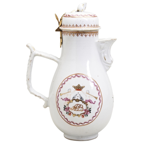 183 - A CHINESE EXPORT PORCELAIN FAMILLE ROSE COFFEE POT AND COVERQING DYNASTY, 18TH CENTURYwith gilt-meta... 