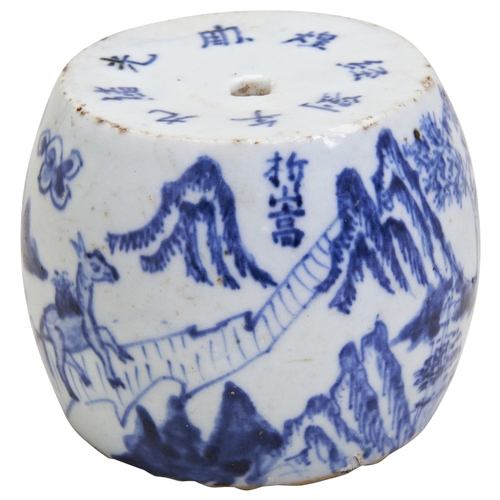 98 - A BLUE AND WHITE 'LANDSCAPE' SCROLL WEIGHTGUANGXU PERIOD (1875-1908)of barrel form, the sides painte... 