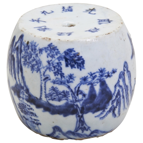 98 - A BLUE AND WHITE 'LANDSCAPE' SCROLL WEIGHTGUANGXU PERIOD (1875-1908)of barrel form, the sides painte... 