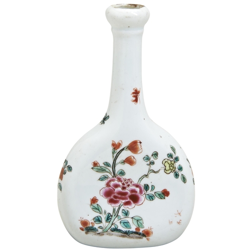 139 - A FAMILLE ROSE BOTTLE VASEQIANLONG PERIOD (1736-95) decorated with flowers and butterflies. 15.5cm h... 