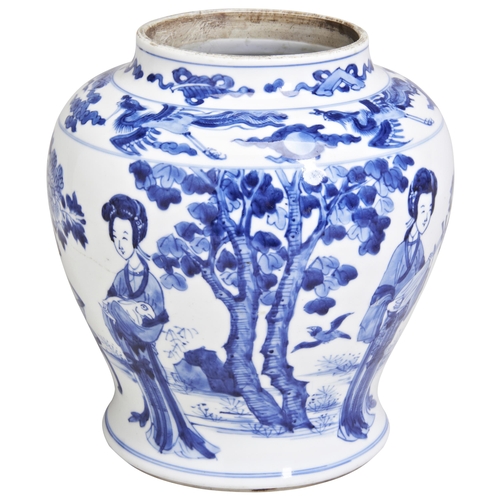 79 - A BLUE AND WHITE BALUSTER JARKANGXI PERIOD (1662-1722)decorated with elegant ladies in a garden scen... 