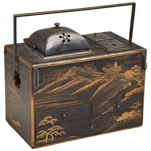 414 - A JAPANESE LACQUER PORTABLE SMOKING SET (TABAKO-BON)MEIJI PERIOD (1868-1912)decorated overall in gol... 