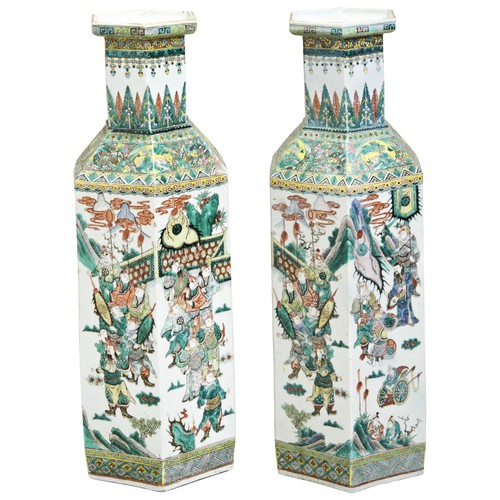 111 - A LARGE PAIR  FAMILLE VERTE HEXAGONAL VASESQING DYNASTY, 19TH CENTURYthe sides decorated with scenes... 