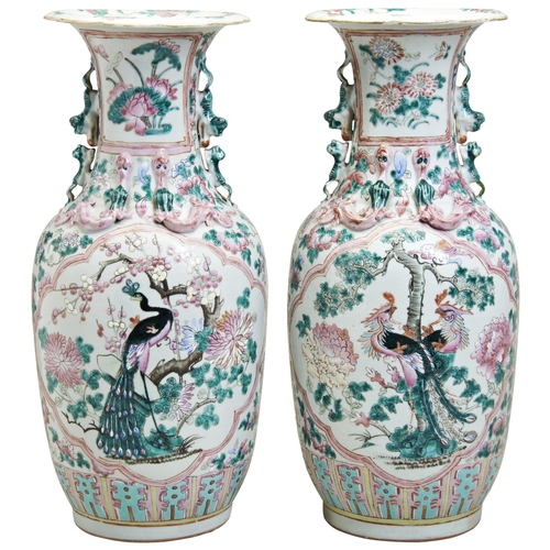 122 - PAIR OF STRAITS FAMILE ROSE PERANAKAN  VASESLATE 19TH CENTURYthe baluster sides decorated in rich co... 