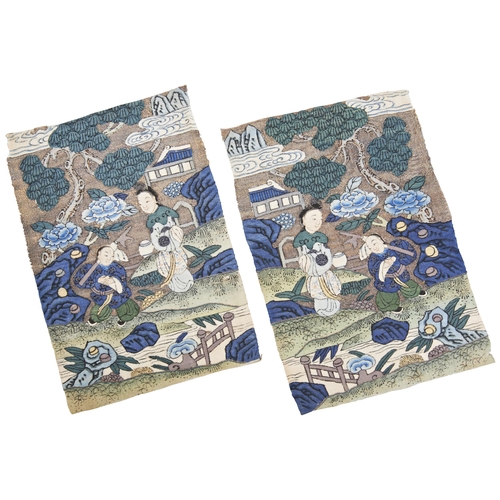 333 - A SMALL PAIR OF KESI SILK PANELSQING DYNASTY, 19TH CENTURY清 缂丝人物挂屏一对each depicting figures in a verd... 