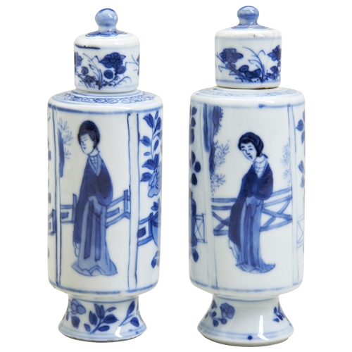 102 - A SMALL PAIR OF BLUE AND WHITE COVERED VASESKANGXI PERIOD (1662-1722)depicting a garden scene with e... 