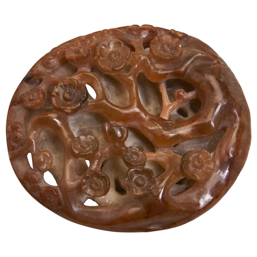 300 - A CARVED AGATE PAPERWEIGHT19TH/20TH CENTURY openwork and carved 'three winter friends', plum blossom... 