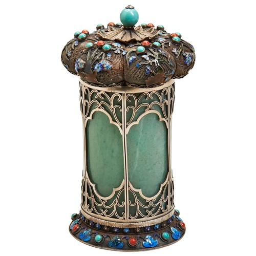 319 - A CHINESE EXPORT PAGODA BOX WITH SLIVER, JADE,CORAL TURQUOISE AND ENAMEL DECORATIONMID 20TH CENTURYc... 