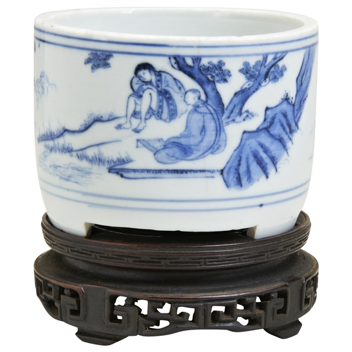 107 - A SMALL BLUE AND WHITE TRIPOD CENSERTRANSITIONAL PERIOD, CIRCA 1640明末清初 青花山水高士纹香炉the cylindrical sid... 