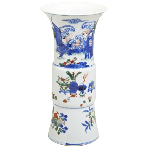 211 - A WUCAI BEAKER VASE, GU20TH CENTURY decorated with underglaze blue and overglaze enamel, painted wit... 