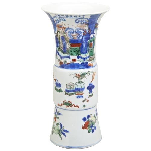 211 - A WUCAI BEAKER VASE, GU20TH CENTURY decorated with underglaze blue and overglaze enamel, painted wit... 