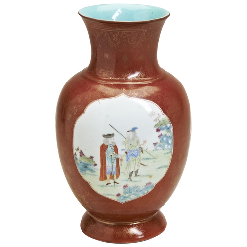 212 - A CORAL GROUND FAMILLE ROSE 'EUROPEAN-SUBJECT' VASE QING DYNASTY, 19TH CENTURYpainted with European ... 