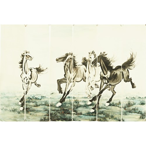 340 - FOLLOWER OF XU BEIHONG (1895-1953); FOUR GALLOPING HORSEScolour and ink on paper, six individual scr... 