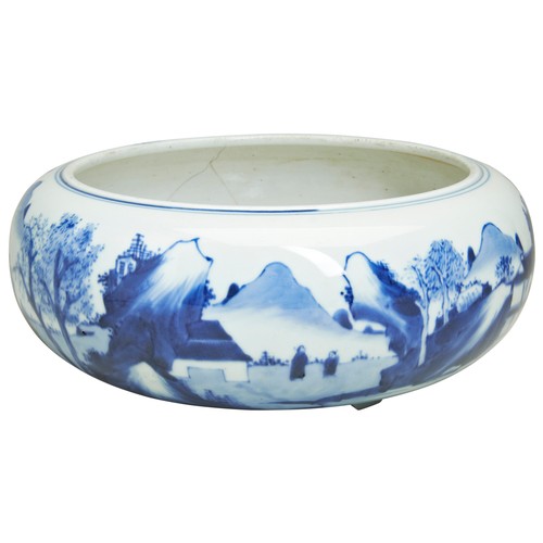 105 - A BLUE AND WHITE 'LANDSCAPES' CENSERQING DYNASTY, 19TH CENTURY painted with landscape scene with sch... 