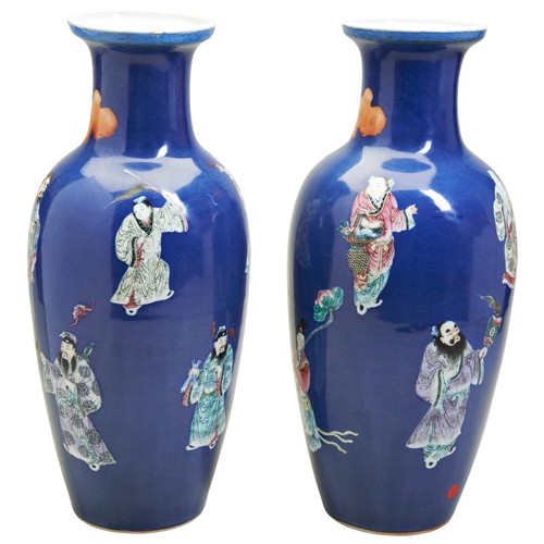 200 - A GOOD PAIR OF POWDER-BLUE-GROUND FAMILLE ROSE 'IMMORTALS' VASESQING DYNASTY, 19TH CENTURY清 十九世纪 洒蓝八... 