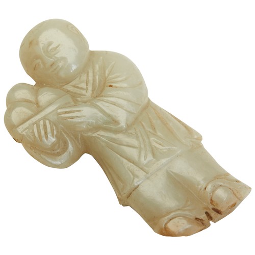 295 - A SMALL CARVED JADE FIGURE OF A BOY 18TH CENTURYmodelled as the boy holding three peaches6cm high... 