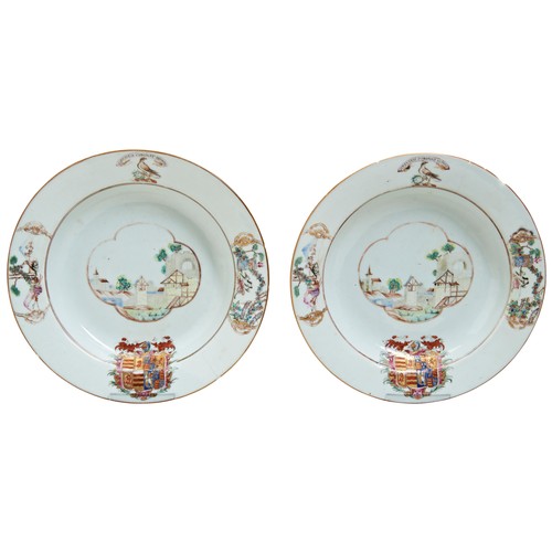 236 - A PAIR OF CHINESE EXPORT 'EUROPEAN-SUBJECT' ARMORIAL DISHESQIANLONG PERIOD (1736-1795)in the Meissen... 