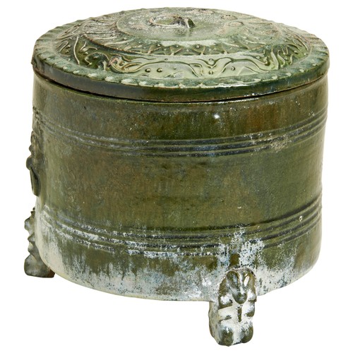 22 - A GREEN LEAD GLAZED LARGE LIAN,LATE EASTERN HAN, 76-220wine warmer and cover with two stylised relie... 