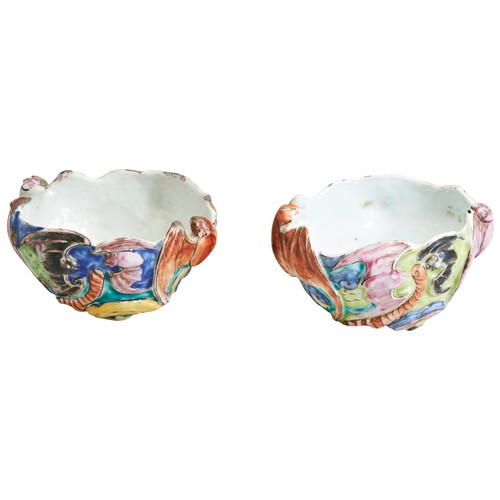 224 - A RARE PAIR OF PORCELAIN FAMILLE ROSE MOULDED WU FU 'FIVE-BATS' BOWLS18TH-19TH CENTURY.清 粉彩五福临门水丞eac... 