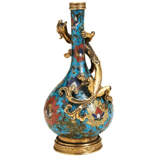 302 - A FINE AND RARE CLOISONNE ENAMEL 'LOTUS' BOTTLE VASEINCISED JINGTAI SIX CHARACTER MARK, MID MING DYN... 