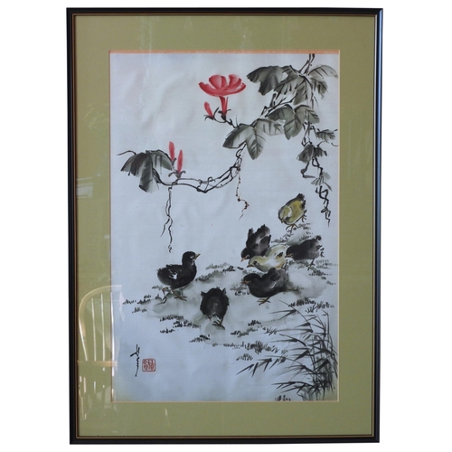 365 - A JAPANESE PAINTED SILK PANEL, depicting chicks foraging beneath blossoming branches, signed in lowe... 