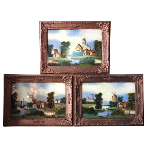 355 - A GROUP OF THREE REVERSE GLASS PAINTINGS, LATE 19TH CENTURY, depicting bucolic rural village scenes,... 