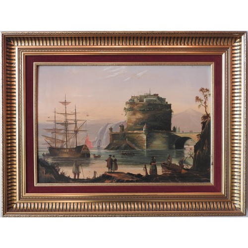 379 - A PAIR OF OIL PAINTINGS ON PANELS OF MOORED TALL SHIPS, depicting figures on the shoreline and coast... 