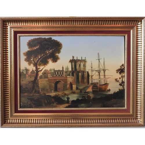 379 - A PAIR OF OIL PAINTINGS ON PANELS OF MOORED TALL SHIPS, depicting figures on the shoreline and coast... 