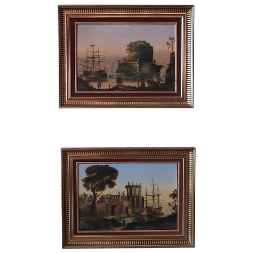 379 - A PAIR OF OIL PAINTINGS ON PANELS OF MOORED TALL SHIPS, depicting figures on the shoreline and coast... 