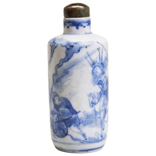 245 - A BLUE AND WHITE PORCELAIN SNUFF BOTTLE WITH GREEN STONE A STOPPER 18TH/19TH CENTURYdepict the scene... 