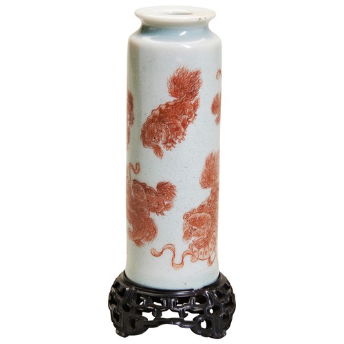 202 - AN IRON-RED DECORATED AND CELADON-GLAZED CYLINDER VASEREPUBLIC PERIOD (1912-1949)painted with iron r... 