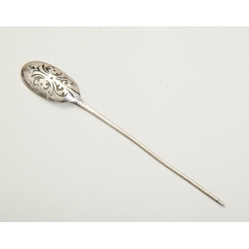 45 - A RATTAIL MOTE SPOON, LONDON C.1730. The bowl pierced with scrolls, unmarked.15 cm.9 g.PROVENANCE: F... 