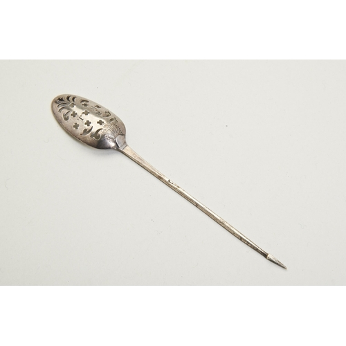 50 - A SHELL BACK MOTE SPOON, LONDON C.1760. The bowl pierced with scrolls, engraved to the back of the b... 