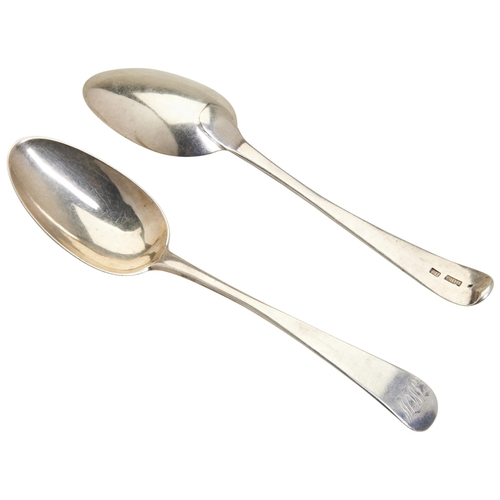 62 - A PAIR OF TABLE SPOONS BY JOHN LESLIE, ABERDEEN C.1800. Engraved with script initials 'TMIW'. 21 cm.... 