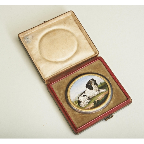 78 - A FINE CASED MICROMOSAIC OF A SPANIEL, ITALIAN C.1820. A very finely detailed mosaic of a King Charl... 