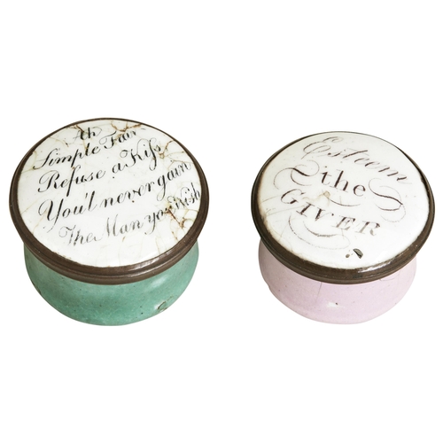 64 - TWO STAFFORDSHIRE ENAMEL PATCH BOXES, C.1790. The lid of the larger green enamel box has the legend ... 