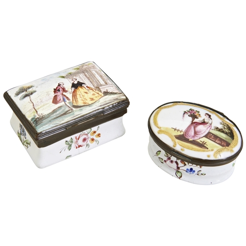 65 - AN OBLONG STAFFORDSHIRE ENAMEL BOX, C.1790. Decorated with a scene of a courting couple in a classic... 