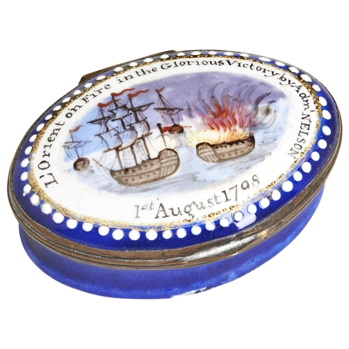 66 - A NELSON RELATED STAFFORDSHIRE ENAMEL BOX, C.1798. A blue enamel box decorated with a scene of 'L'Or... 