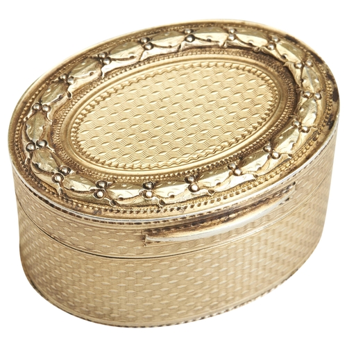 95 - AN OVAL GILT, CAST AND ENGINE TURNED SNUFF BOX, LONDON 1826. In very fine condition, the lid has a b... 