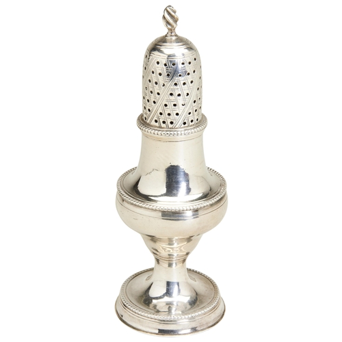 99 - A SUGAR CASTER WITH PIERCED LID, HESTER BATEMAN, LONDON 1782. A plain baluster shaped body with bead... 