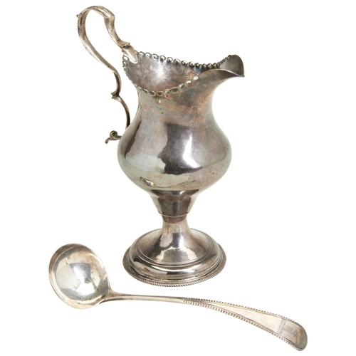 98 - A PLAIN BALUSTER SHAPE CREAM JUG, HESTER BATEMAN, LONDON 1784. Together with a bead edge cream ladle... 