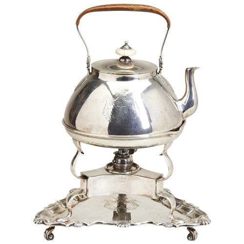 106 - A TEA KETTLE & LAMP ON A TRIANGULAR STAND, LONDON 1835. Each part engraved with a ducal coronet ... 