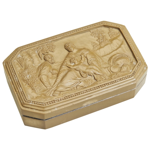 71 - A SILVER MOUNTED CARVED LAVA STONE SNUFF BOX, POSS ITALIAN MID 19TH C. The lid finely carved with a ... 